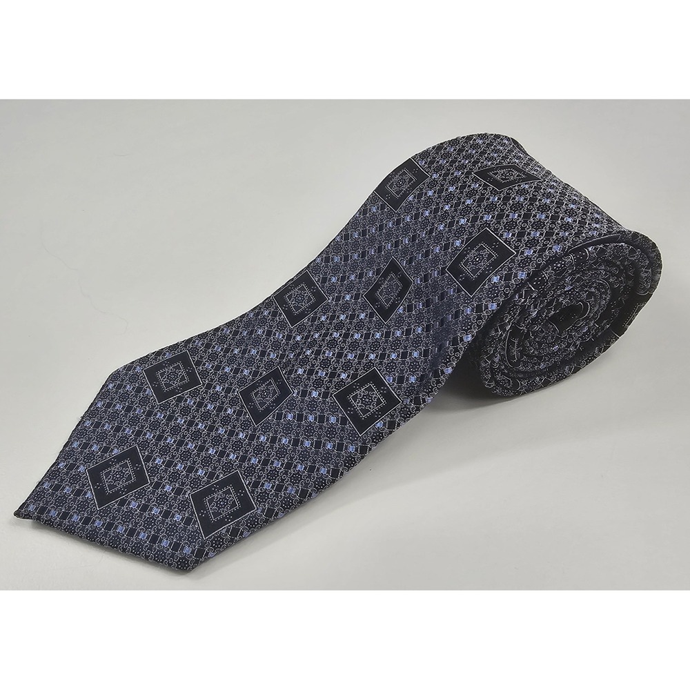 ERMENEGILDO ZEGNA Men's 100% Silk LUXURY Tie‎ Blue Black Silver Geometric